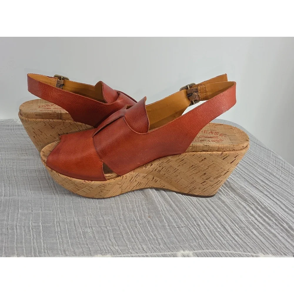 Kork-Ease Women 8M Rust Orange Leather Cork Wedge Platform Sandals KE0010508
